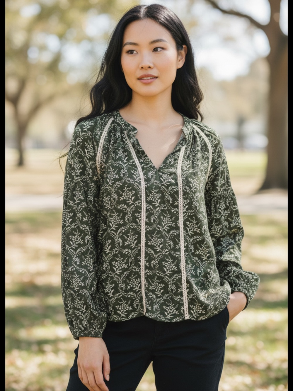 NWT Olive Green Floral Cotton Blouse